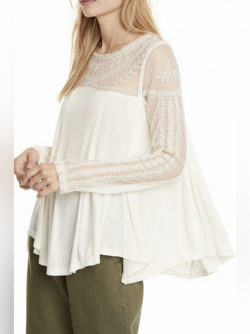 Freeโ People Women's Small Jojo Mixed Media Embroidered Pullover Top Off-White